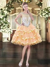 Peach Ball Gowns Beading and Ruffled Layers Homecoming Dress Zipper Organza Sleeveless Mini Length