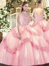 Baby Blue Sleeveless Tulle Zipper Quince Ball Gowns for Military Ball and Sweet 16 and Quinceanera