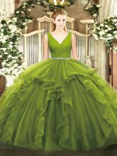 Modern Olive Green Zipper V-neck Beading and Ruffles Quince Ball Gowns Tulle Sleeveless