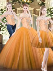 Free and Easy Floor Length Lace Up Quinceanera Dress Orange Red for Military Ball and Sweet 16 and Quinceanera with Beading