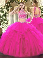 Enchanting Sleeveless Tulle Floor Length Backless Quinceanera Gowns in Fuchsia with Beading and Ruffles