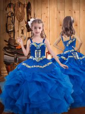 High End Straps Sleeveless Party Dress for Girls Floor Length Embroidery and Ruffles Blue Organza