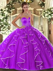 Nice Floor Length Lace Up Sweet 16 Dress Eggplant Purple for Military Ball and Sweet 16 and Quinceanera with Beading and Ruffles