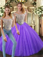 Classical Eggplant Purple Tulle Lace Up Sweet 16 Dresses Sleeveless Floor Length Beading