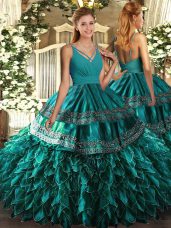 Sleeveless Satin and Organza Floor Length Backless Ball Gown Prom Dress in Teal with Ruffles