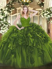 Adorable Olive Green Ball Gowns Organza V-neck Sleeveless Beading and Ruffles Floor Length Zipper Quinceanera Dress