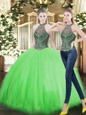 Tulle High-neck Sleeveless Lace Up Beading Quince Ball Gowns in