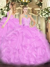 Most Popular Sleeveless Organza Floor Length Lace Up Quince Ball Gowns in Lilac with Beading and Ruffles