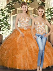 Suitable Orange Red Lace Up 15th Birthday Dress Beading and Ruffles Sleeveless Floor Length