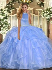 Blue Halter Top Backless Beading and Ruffles Sweet 16 Dresses Sleeveless