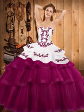 Fuchsia Sleeveless Sweep Train Embroidery and Ruffled Layers Vestidos de Quinceanera