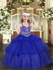 Perfect Royal Blue Sleeveless Floor Length Beading and Ruffled Layers Lace Up Kids Pageant Dress