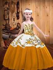Floor Length Gold Little Girls Pageant Dress Wholesale Straps Sleeveless Lace Up