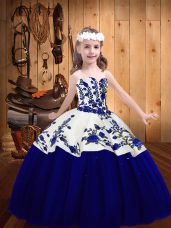 Floor Length Royal Blue Little Girls Pageant Dress Tulle Sleeveless Embroidery