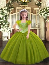 Discount Olive Green Ball Gowns Beading Womens Party Dresses Lace Up Tulle Sleeveless Floor Length