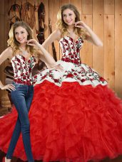 High Quality Floor Length Red Sweet 16 Quinceanera Dress Tulle Sleeveless Embroidery and Ruffles