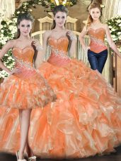 Wonderful Beading and Ruffles Quinceanera Gown Orange Red Lace Up Sleeveless Floor Length