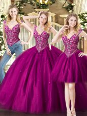 V-neck Sleeveless Quinceanera Gown Floor Length Beading Fuchsia Tulle
