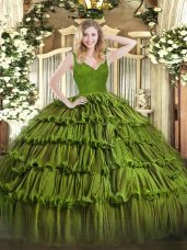 Enchanting Olive Green V-neck Backless Beading and Lace and Ruffled Layers Quinceanera Gown Sleeveless