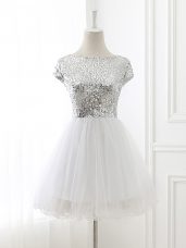 Adorable Tulle Cap Sleeves Mini Length Bridesmaid Gown and Sequins