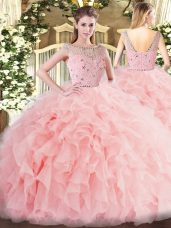 Comfortable Bateau Sleeveless Zipper Quinceanera Dresses Baby Pink Tulle
