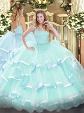 Apple Green Sleeveless Beading and Ruffled Layers Floor Length Quinceanera Gowns