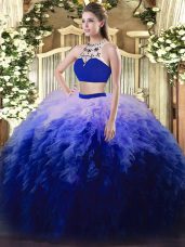 Multi-color Backless High-neck Beading and Ruffles Ball Gown Prom Dress Tulle Sleeveless