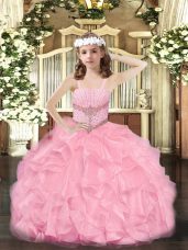 Cute Rose Pink Organza Zipper Straps Sleeveless Floor Length Juniors Party Dress Beading and Ruffles