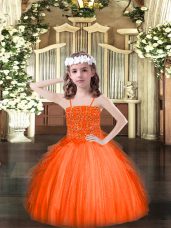 Spaghetti Straps Sleeveless Little Girls Pageant Dress Wholesale Floor Length Beading and Ruffles Orange Red Tulle