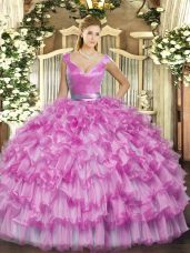 Sexy Lilac Sleeveless Organza Zipper Quinceanera Dress for Military Ball and Sweet 16 and Quinceanera