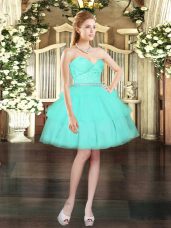 Aqua Blue Ball Gowns Sweetheart Sleeveless Tulle Mini Length Lace Up Beading and Lace and Ruffled Layers Evening Dress