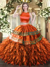 Adorable Rust Red High-neck Neckline Ruffles and Sequins Sweet 16 Quinceanera Dress Sleeveless Criss Cross