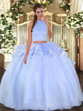 Ideal Sleeveless Organza Floor Length Backless Quinceanera Gowns in Light Blue with Beading