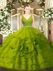 Olive Green Sweet 16 Dresses Military Ball and Sweet 16 and Quinceanera with Beading V-neck Sleeveless Zipper