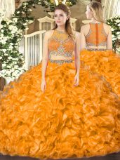 Wonderful Floor Length Orange Red Sweet 16 Quinceanera Dress Organza Sleeveless Beading and Ruffles