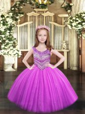 Lilac Lace Up Scoop Beading Girls Pageant Dresses Tulle Sleeveless