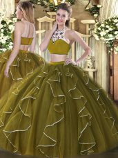 High-neck Sleeveless Backless Ball Gown Prom Dress Olive Green Organza