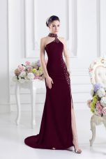 Sweep Train Column/Sheath Homecoming Dress Burgundy Halter Top Elastic Woven Satin Sleeveless Lace Up