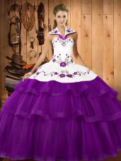 Purple Sleeveless Organza Sweep Train Lace Up 15th Birthday Dress for Military Ball and Sweet 16 and Quinceanera