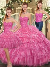 High Quality Rose Pink Sweetheart Lace Up Beading and Ruffles Quinceanera Dress Sleeveless