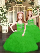 Latest Green Sleeveless Beading and Ruffles and Pick Ups Floor Length Party Dress