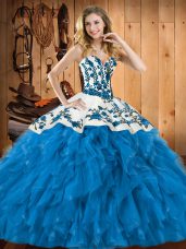 Fitting Teal Lace Up Sweetheart Embroidery and Ruffles Quinceanera Gown Tulle Sleeveless