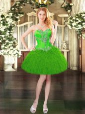 Green Sleeveless Mini Length Beading and Ruffles Lace Up Prom Dress