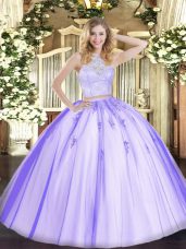 Scoop Sleeveless Sweet 16 Dress Floor Length Lace and Appliques Lavender Tulle