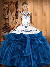 Graceful Floor Length Blue Quinceanera Dresses Halter Top Sleeveless Lace Up