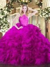 Fuchsia Sweet 16 Quinceanera Dress Military Ball and Sweet 16 and Quinceanera with Lace Scoop Sleeveless Zipper