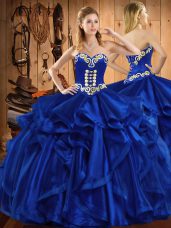 Floor Length Royal Blue Sweet 16 Dresses Organza Sleeveless Embroidery and Ruffles