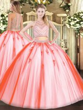 Watermelon Red Two Pieces Scoop Sleeveless Tulle Floor Length Zipper Beading Vestidos de Quinceanera