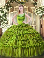 Fitting Olive Green Ball Gowns Beading and Ruffled Layers Vestidos de Quinceanera Side Zipper Organza Sleeveless Floor Length
