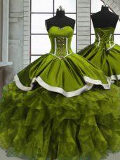 Ball Gowns Sweet 16 Dress Olive Green Sweetheart Organza Sleeveless Floor Length Lace Up